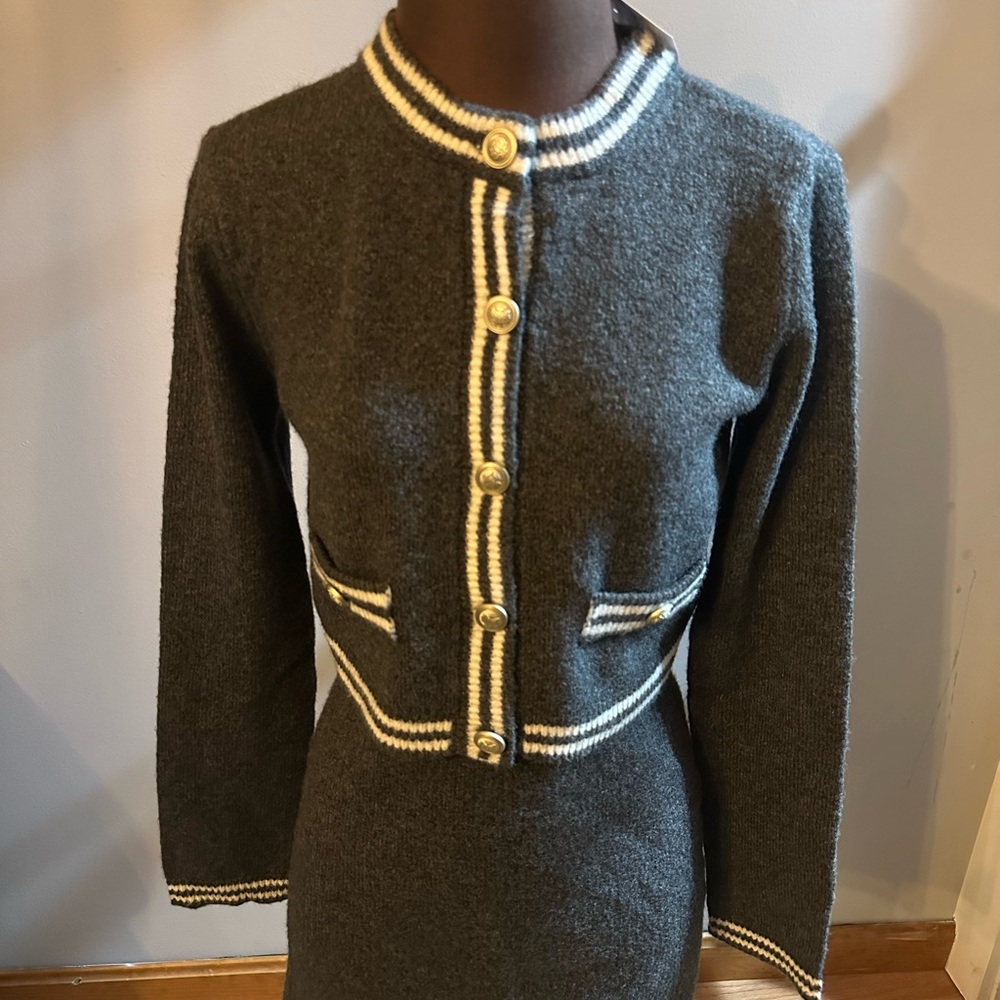 American Eagle Outfitters Gray Cardigan paired with matching mini skirt